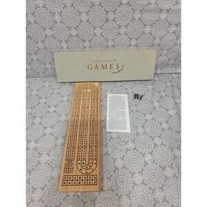 Vintage Learningsmith Games Wood Cribbage Board Family Metal Pegs Cards Box